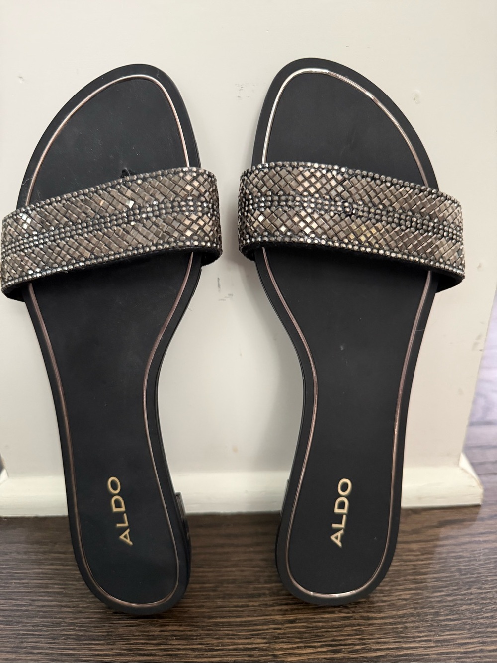 Aldo Black Slides with Silver Mesh Strap